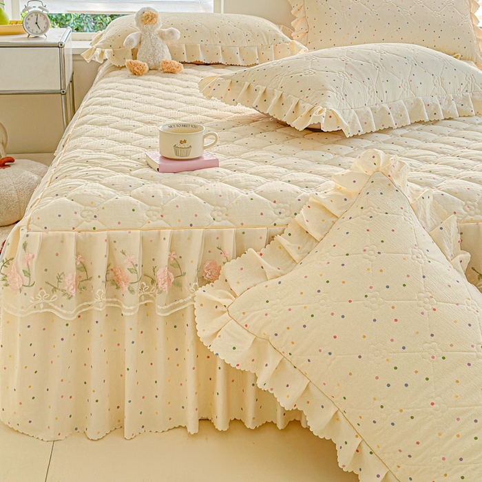 91家纺网 家纺一手货源 找家纺 雨田家纺 2025新款夹棉蕾丝单床裙床裙单件 彩色圆点