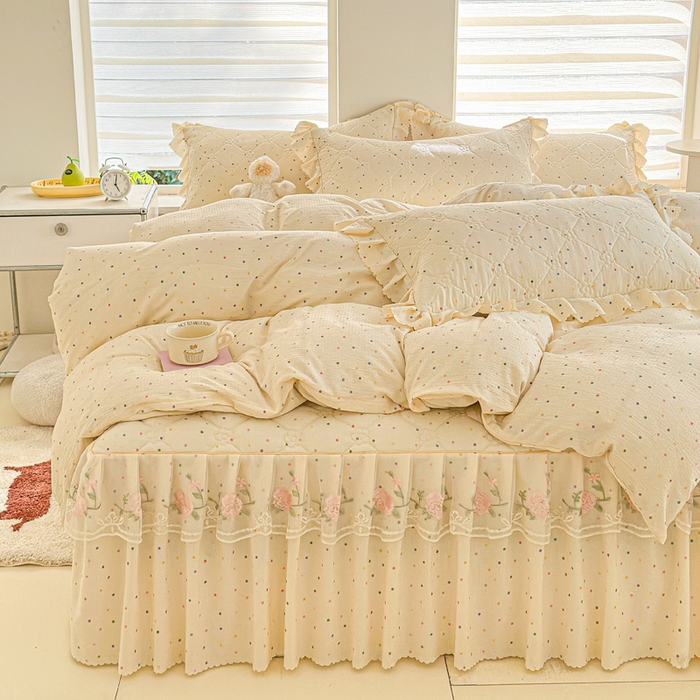 91家纺网 家纺一手货源 找家纺 雨田家纺 2025新款夹棉蕾丝单床裙床裙单件 彩色圆点