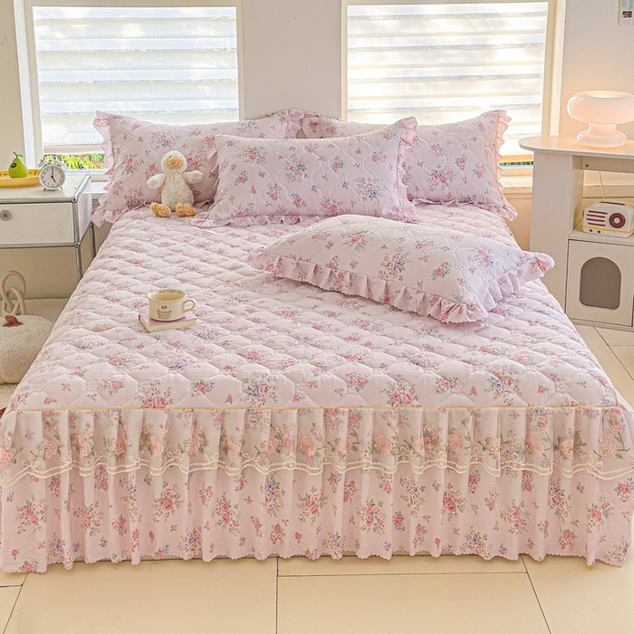 91家纺网 家纺一手货源 找家纺 雨田家纺 2025新款夹棉蕾丝单床裙床裙单件 樱花=粉