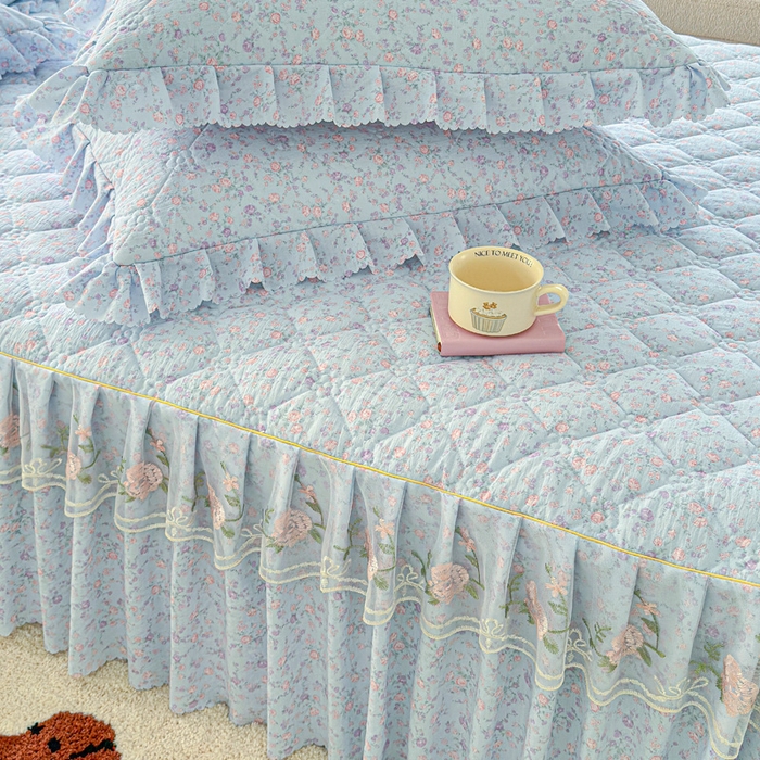 91家纺网 家纺一手货源 找家纺 雨田家纺 2025新款夹棉蕾丝单床裙床裙单件 淡紫树叶