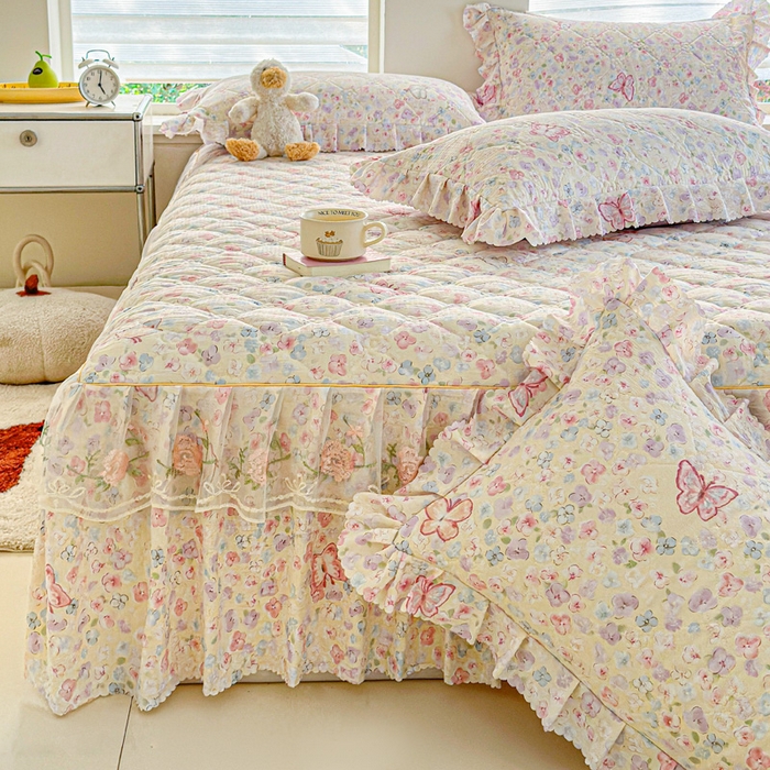 91家纺网 家纺一手货源 找家纺 雨田家纺 2025新款夹棉蕾丝单床裙床裙单件 蝴蝶-粉