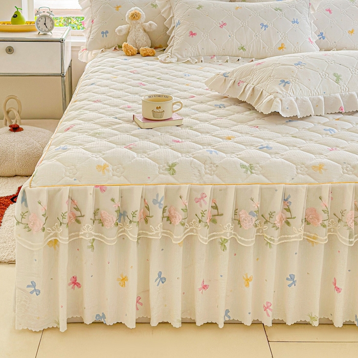 91家纺网 家纺一手货源 找家纺 雨田家纺 2025新款夹棉蕾丝单床裙床裙单件 蝴蝶结