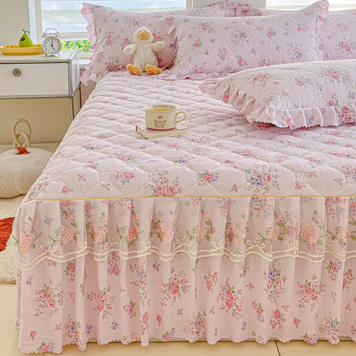 91家纺网 家纺一手货源 找家纺 雨田家纺 2025新款夹棉蕾丝单床裙床裙单件 樱花=粉