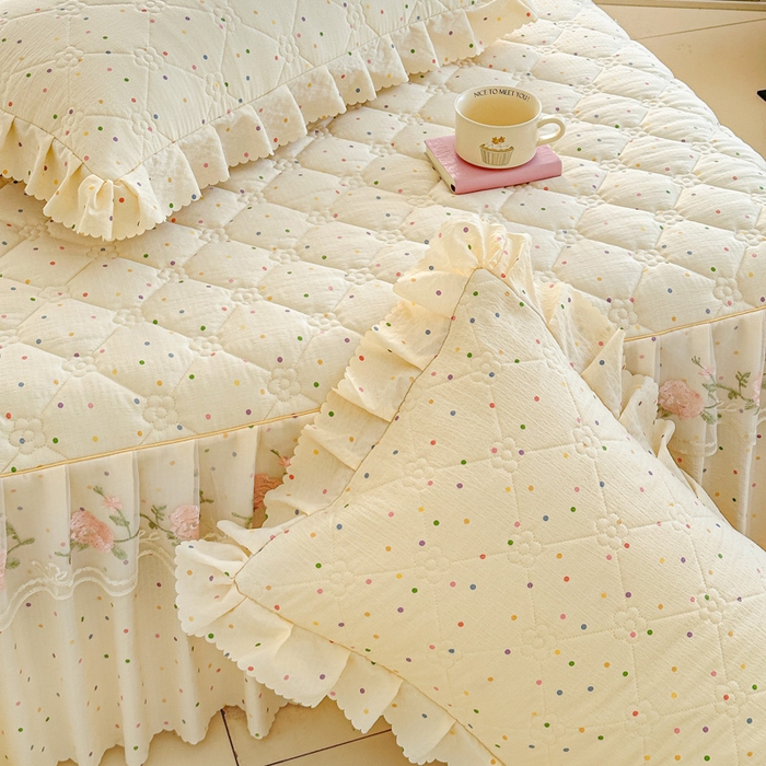 91家纺网 家纺一手货源 找家纺 雨田家纺 2025新款夹棉蕾丝单床裙床裙单件 彩色圆点