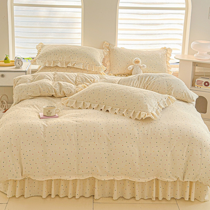 91家纺网 家纺一手货源 找家纺 雨田家纺 2025新款夹棉蕾丝单床裙床裙单件 彩色圆点