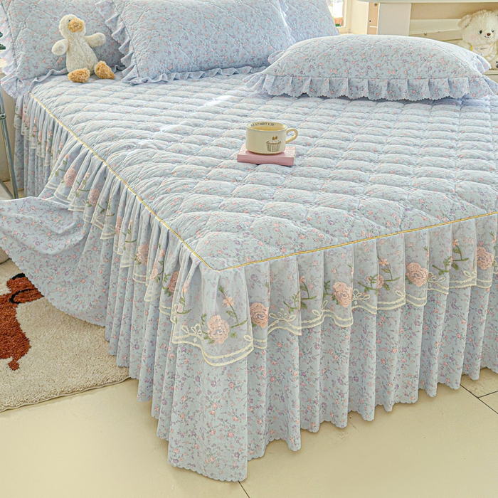 91家纺网 家纺一手货源 找家纺 雨田家纺 2025新款夹棉蕾丝单床裙床裙单件 淡紫树叶