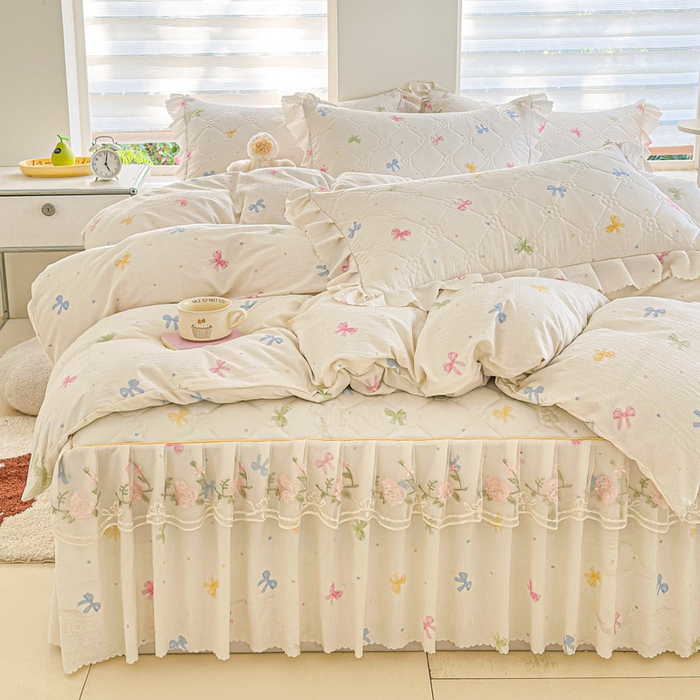 91家纺网 家纺一手货源 找家纺 雨田家纺 2025新款夹棉蕾丝单床裙床裙单件 蝴蝶结