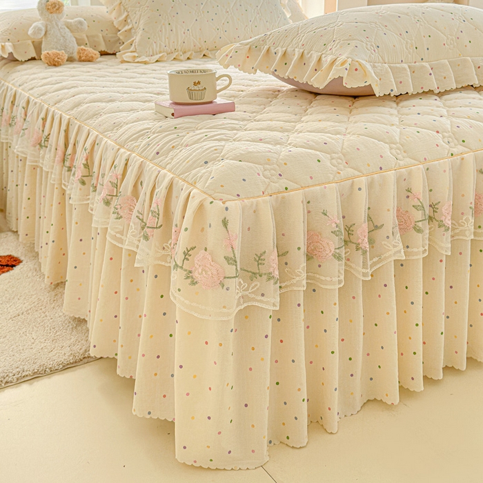 91家纺网 家纺一手货源 找家纺 雨田家纺 2025新款夹棉蕾丝单床裙床裙单件 彩色圆点