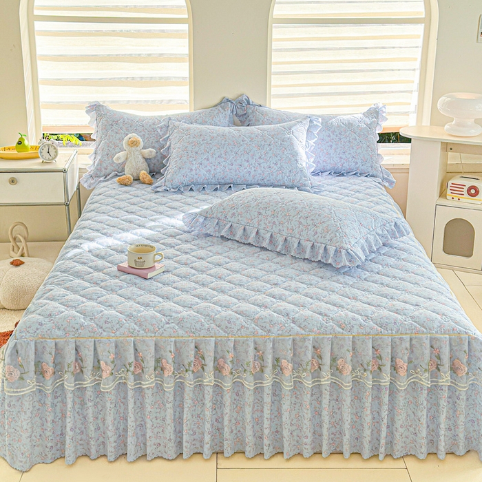 91家纺网 家纺一手货源 找家纺 雨田家纺 2025新款夹棉蕾丝单床裙床裙单件 淡紫树叶