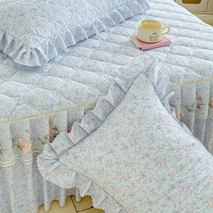 91家纺网 家纺一手货源 找家纺 雨田家纺 2025新款夹棉蕾丝单床裙床裙单件 淡紫树叶