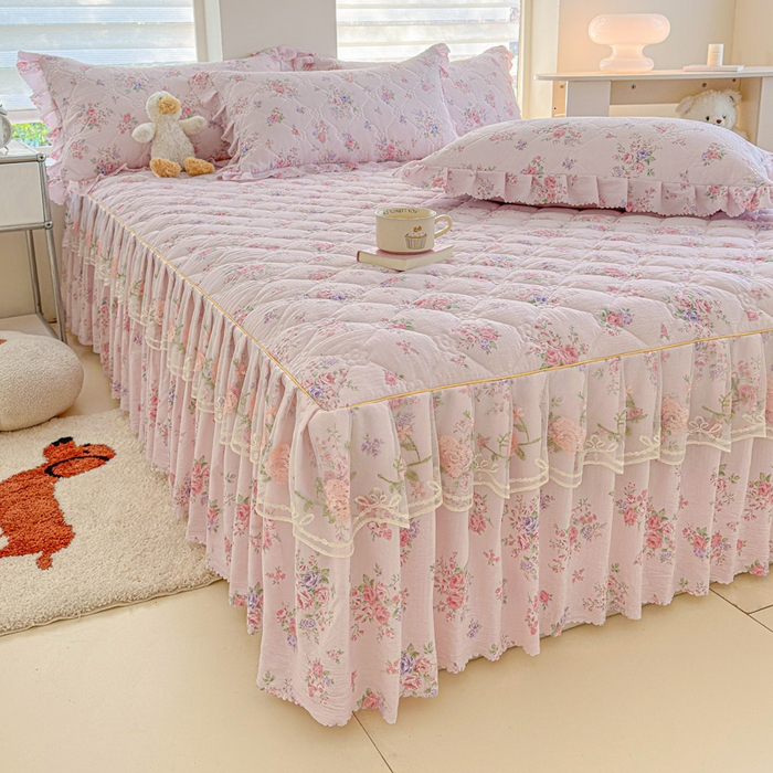 91家纺网 家纺一手货源 找家纺 雨田家纺 2025新款夹棉蕾丝单床裙床裙单件 樱花=粉