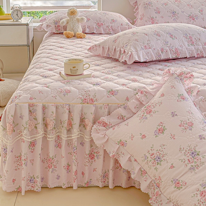 91家纺网 家纺一手货源 找家纺 雨田家纺 2025新款夹棉蕾丝单床裙床裙单件 樱花=粉