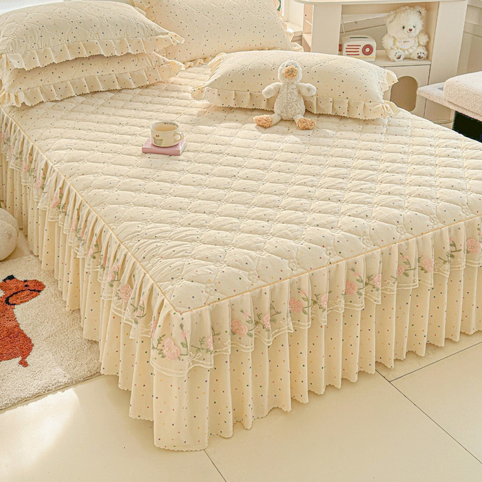 91家纺网 家纺一手货源 找家纺 雨田家纺 2025新款夹棉蕾丝单床裙床裙单件 彩色圆点