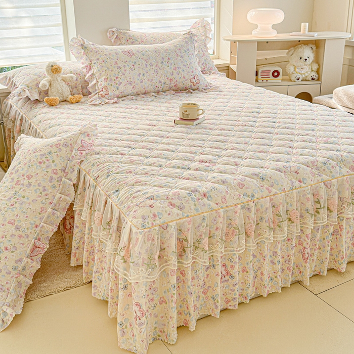 91家纺网 家纺一手货源 找家纺 雨田家纺 2025新款夹棉蕾丝单床裙床裙单件 蝴蝶-粉