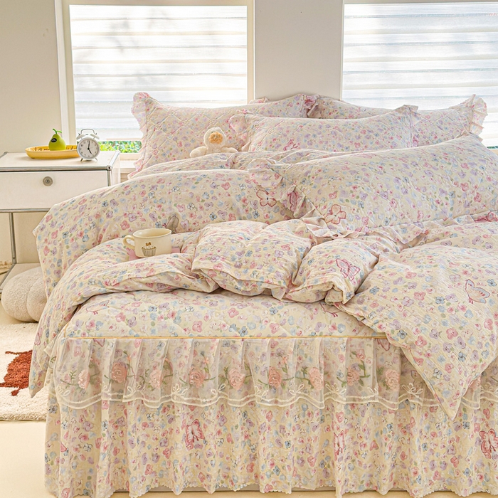 91家纺网 家纺一手货源 找家纺 雨田家纺 2025新款夹棉蕾丝单床裙床裙单件 蝴蝶-粉