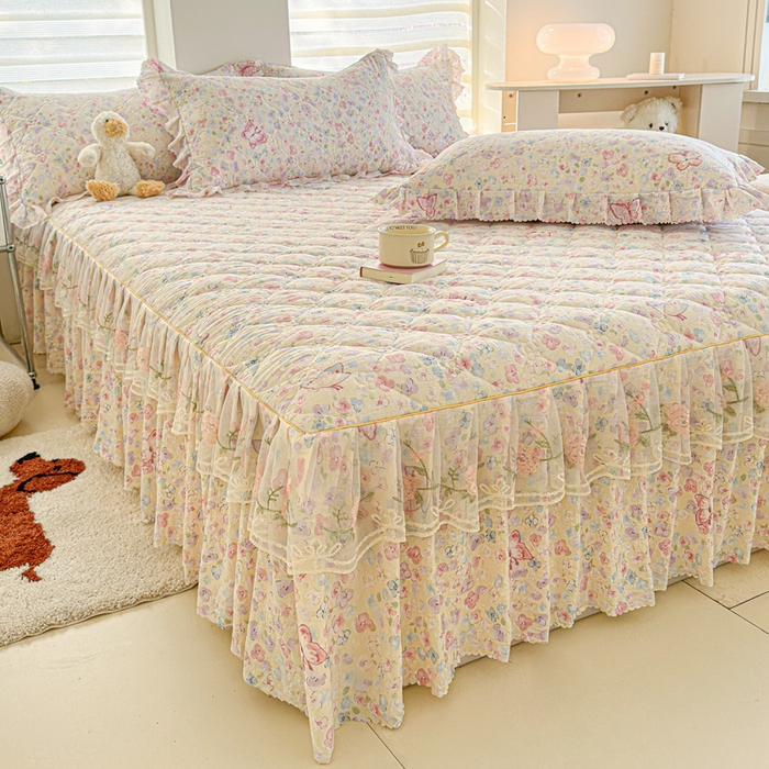 91家纺网 家纺一手货源 找家纺 雨田家纺 2025新款夹棉蕾丝单床裙床裙单件 蝴蝶-粉