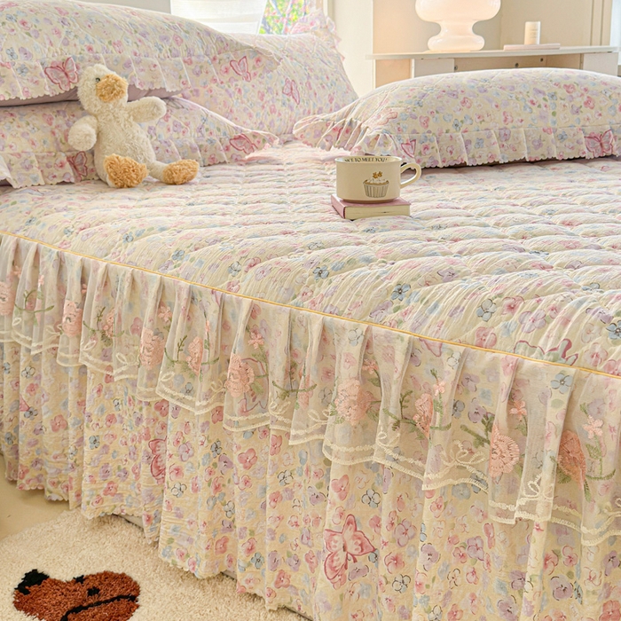 91家纺网 家纺一手货源 找家纺 雨田家纺 2025新款夹棉蕾丝单床裙床裙单件 蝴蝶-粉