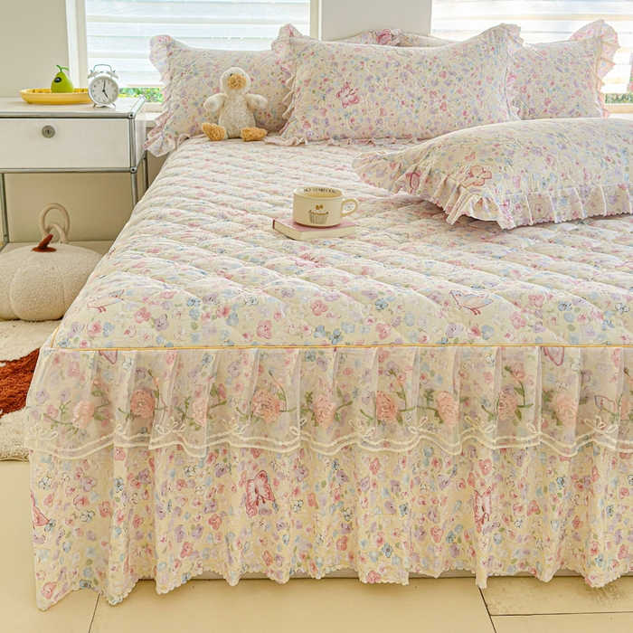 91家纺网 家纺一手货源 找家纺 雨田家纺 2025新款夹棉蕾丝单床裙床裙单件 蝴蝶-粉