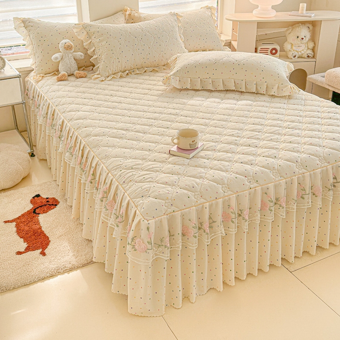 雨田家纺 2025新款夹棉蕾丝单床裙床裙单件 彩色圆点