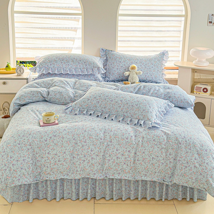 91家纺网 家纺一手货源 找家纺 雨田家纺 2025新款夹棉蕾丝单床裙床裙单件 淡紫树叶