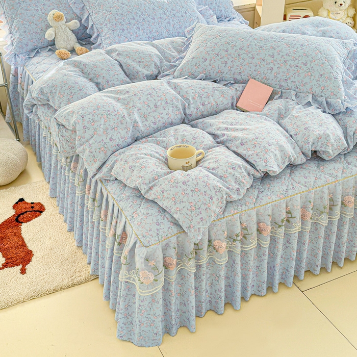 91家纺网 家纺一手货源 找家纺 雨田家纺 2025新款夹棉蕾丝单床裙床裙单件 淡紫树叶