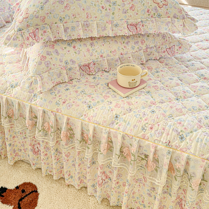 91家纺网 家纺一手货源 找家纺 雨田家纺 2025新款夹棉蕾丝单床裙床裙单件 蝴蝶-粉