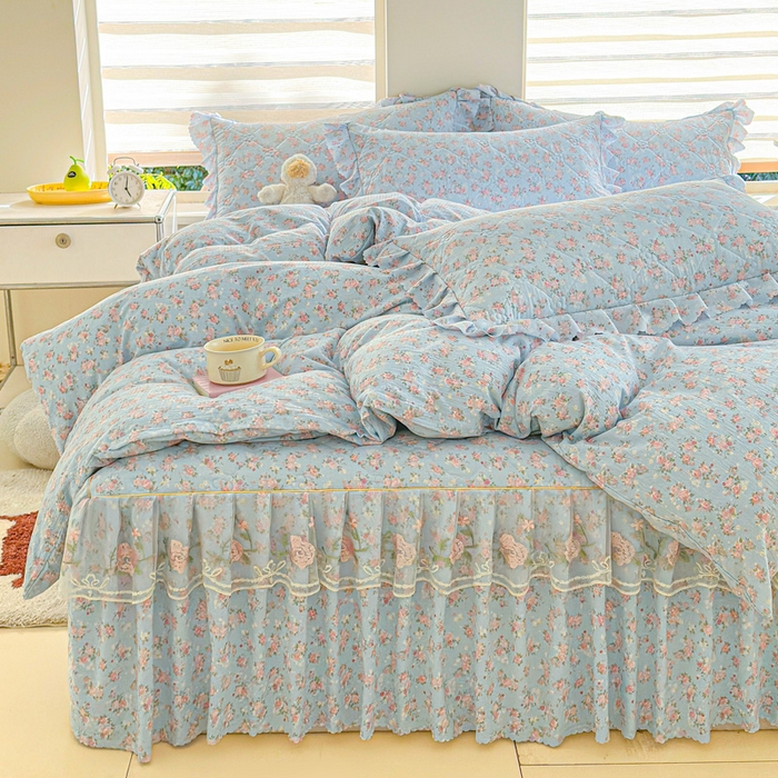 91家纺网 家纺一手货源 找家纺 雨田家纺 2025新款夹棉蕾丝单床裙床裙单件 茉莉花园