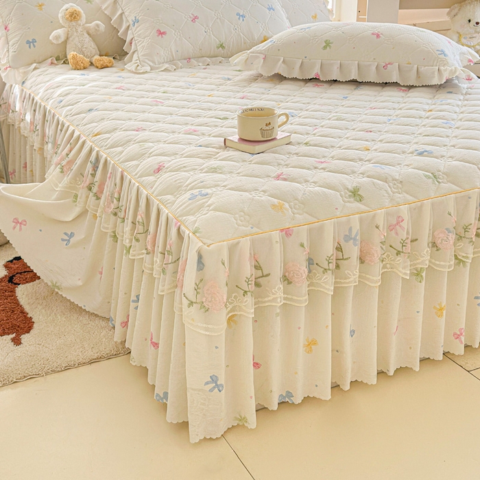 91家纺网 家纺一手货源 找家纺 雨田家纺 2025新款夹棉蕾丝单床裙床裙单件 蝴蝶结