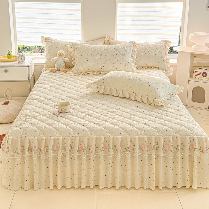 91家纺网 家纺一手货源 找家纺 雨田家纺 2025新款夹棉蕾丝单床裙床裙单件 彩色圆点