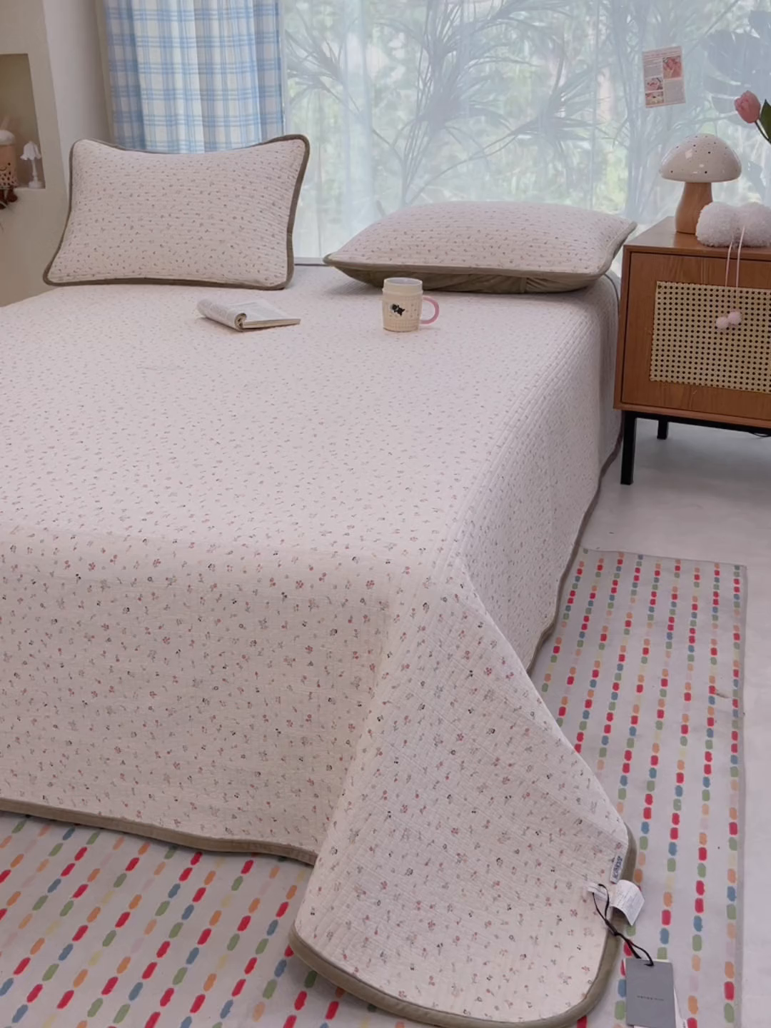 91家纺网 家纺一手货源 找家纺 床盖工厂店 2025新款全棉纯棉纱布加宝宝绒填充棉花床盖三件套 白芷-粉