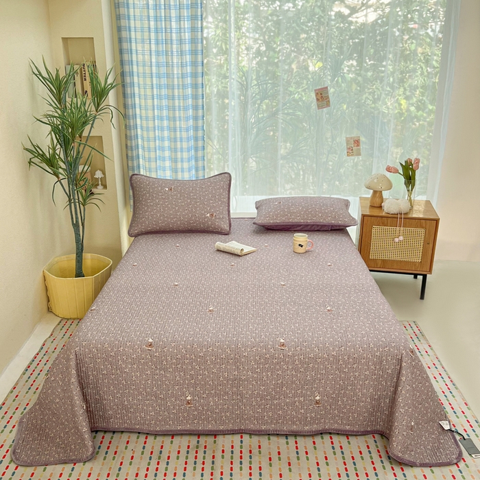 床盖工厂店 2025新款全棉纯棉纱布加宝宝绒填充棉花床盖三件套 蔷薇小兔-芋