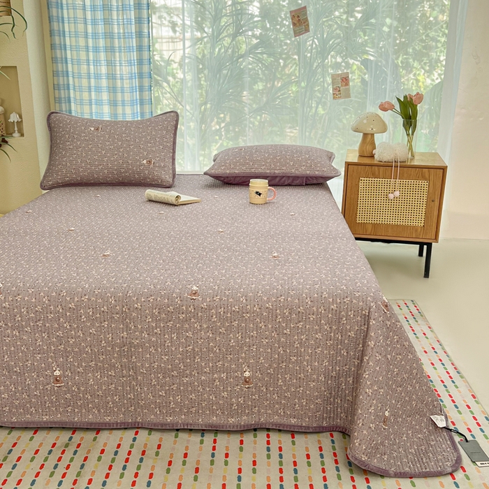 91家纺网 家纺一手货源 找家纺 床盖工厂店 2025新款全棉纯棉纱布加宝宝绒填充棉花床盖三件套 蔷薇小兔-芋