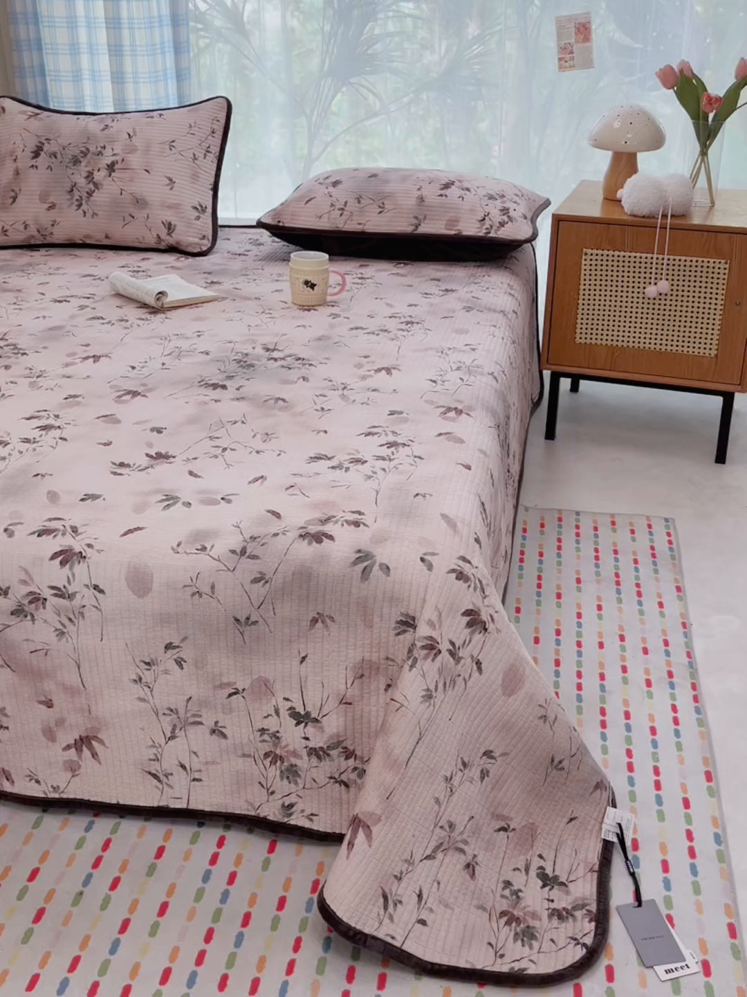 91家纺网 家纺一手货源 找家纺 床盖工厂店 2025新款全棉纯棉纱布加宝宝绒填充棉花床盖三件套 青时-粉