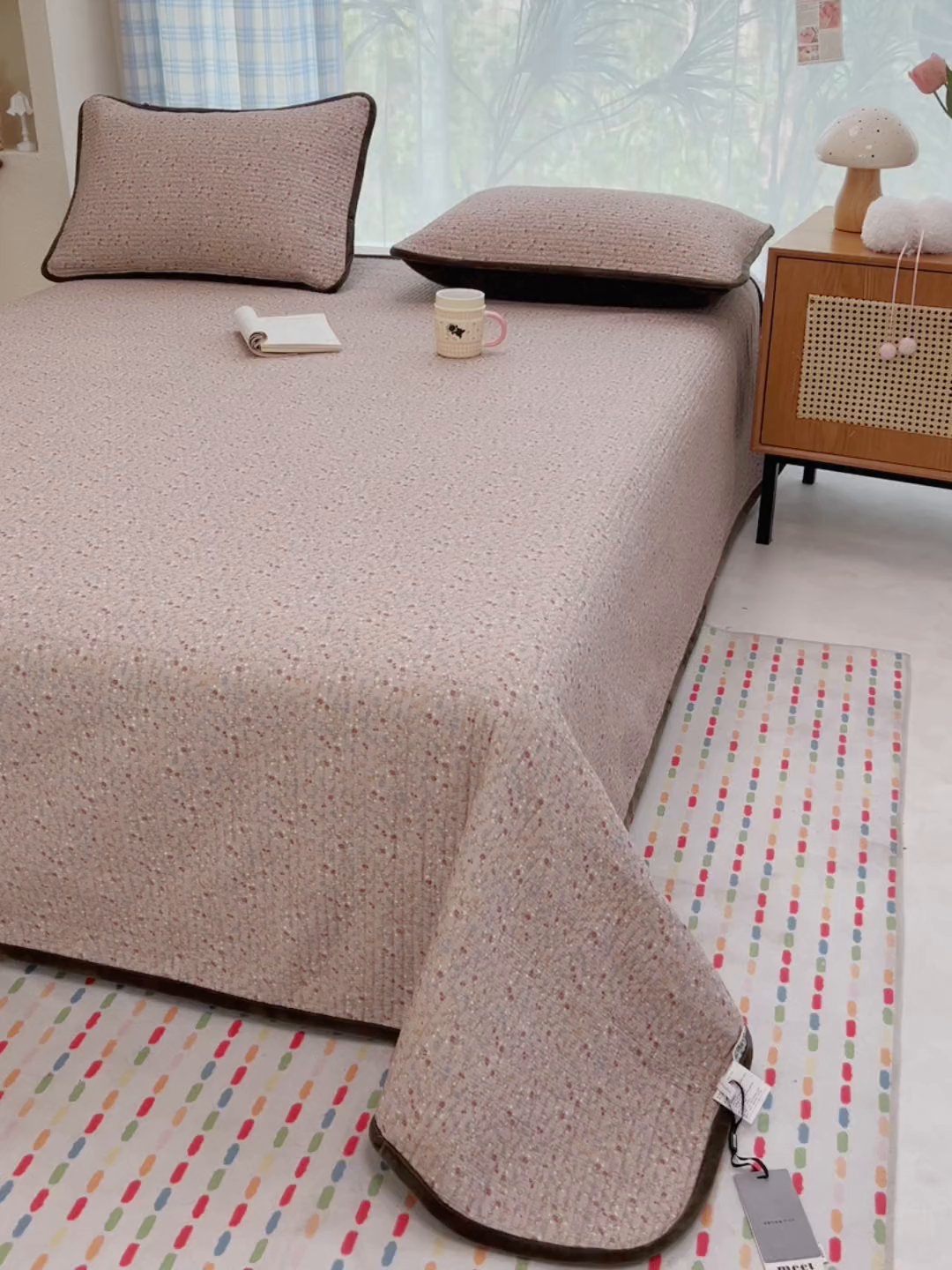 91家纺网 家纺一手货源 找家纺 床盖工厂店 2025新款全棉纯棉纱布加宝宝绒填充棉花床盖三件套 柔乡-绿