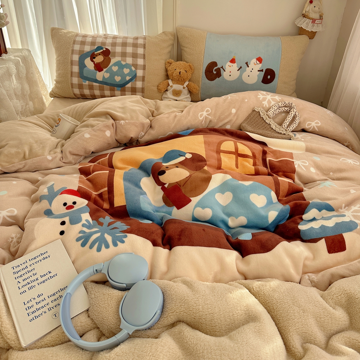 91家纺网 家纺一手货源 找家纺 Sweet dreams甜梦 2025秋冬数码大版牛奶绒泰迪绒拼接四件套 圣诞小狗