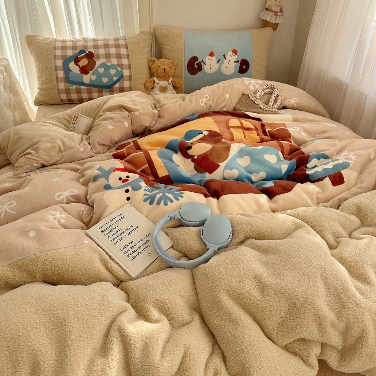 91家纺网 家纺一手货源 找家纺 Sweet dreams甜梦 2025秋冬数码大版牛奶绒泰迪绒拼接四件套 圣诞小狗