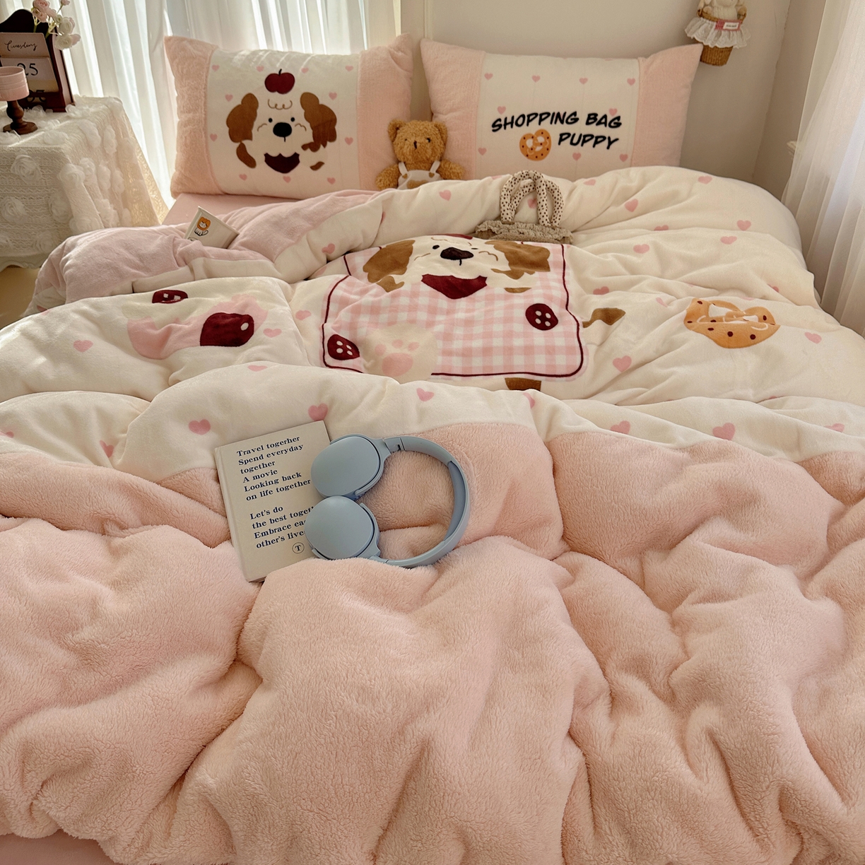 Sweet dreams甜梦 2025秋冬数码大版牛奶绒泰迪绒拼接四件套 购物袋小狗