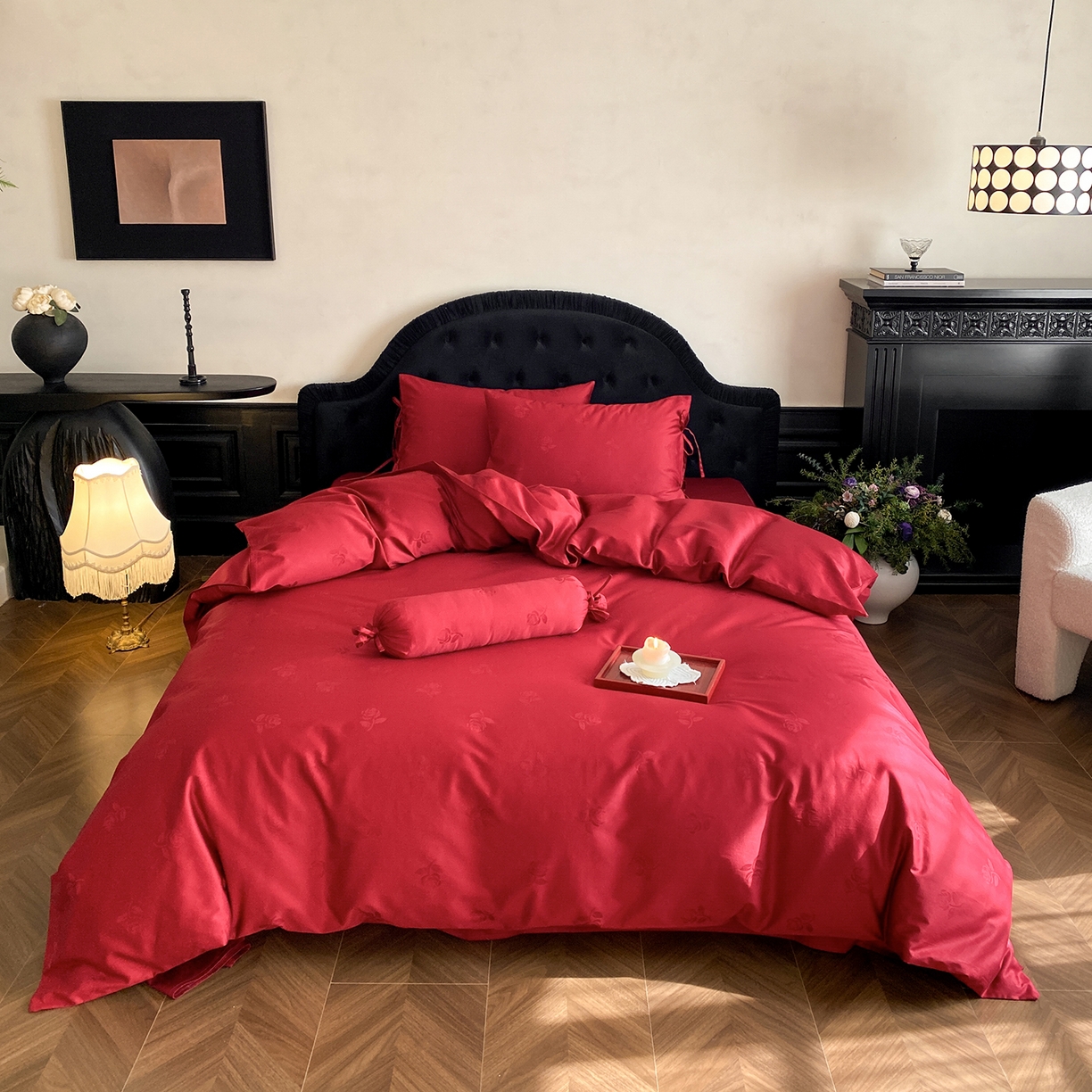 91家纺网 家纺一手货源 找家纺 （总）极简 2025新款秋冬款100S长绒棉精美提花系列四件套-玫瑰花影