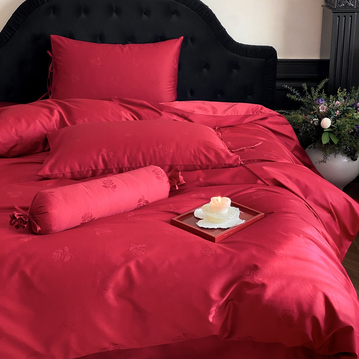 91家纺网 家纺一手货源 找家纺 （总）极简 2025新款秋冬款100S长绒棉精美提花系列四件套-玫瑰花影