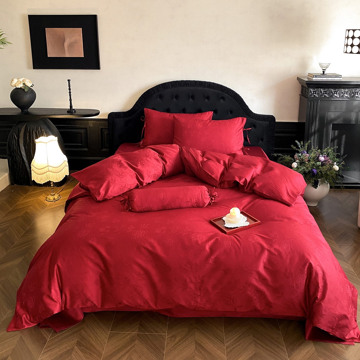 91家纺网 家纺一手货源 找家纺 （总）极简 2025新款秋冬款100S长绒棉精美提花系列四件套-红薇绣梦