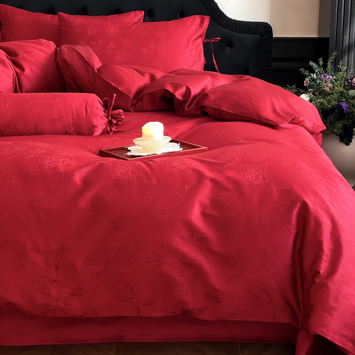 91家纺网 家纺一手货源 找家纺 （总）极简 2025新款秋冬款100S长绒棉精美提花系列四件套-红薇绣梦