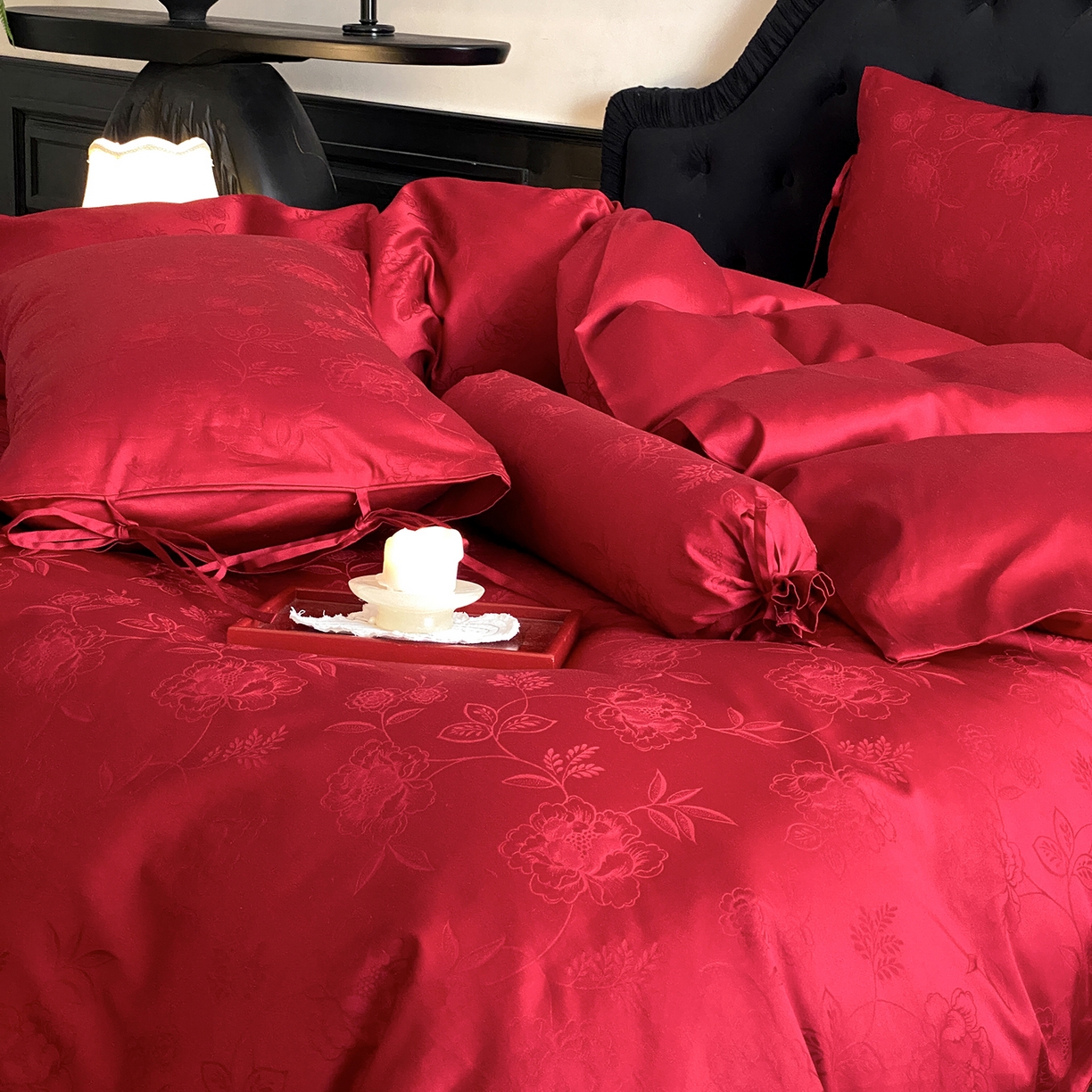 91家纺网 家纺一手货源 找家纺 （总）极简 2025新款秋冬款100S长绒棉精美提花系列四件套-红薇绣梦