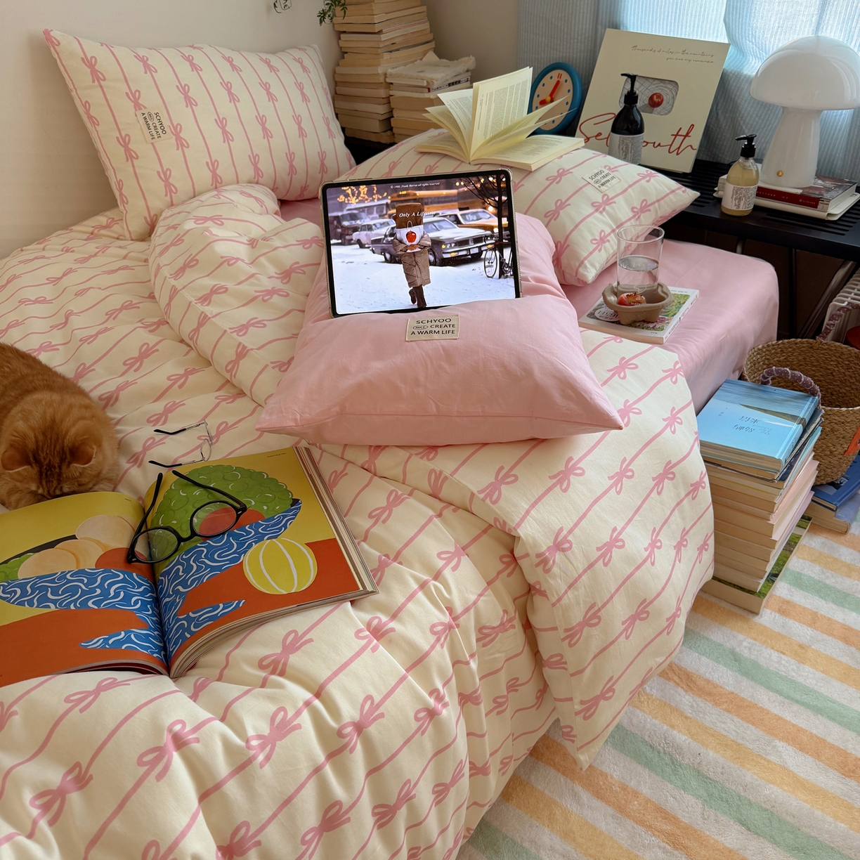 91家纺网 家纺一手货源 找家纺 （总）六巷胡同 2026春夏新款INS博主风韩系蝴蝶结全棉四件套