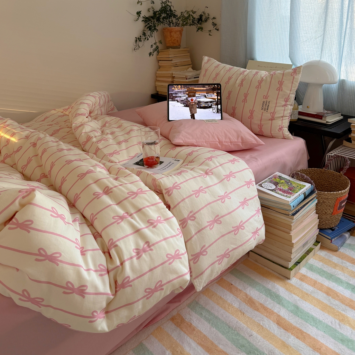 91家纺网 家纺一手货源 找家纺 （总）六巷胡同 2026春夏新款INS博主风韩系蝴蝶结全棉四件套