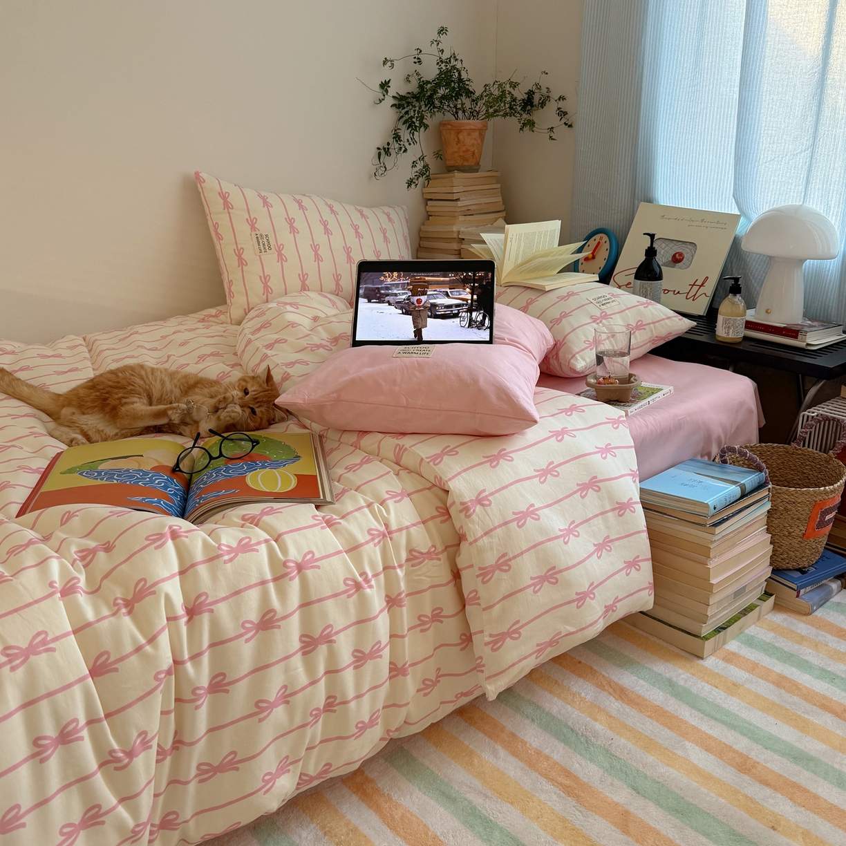 91家纺网 家纺一手货源 找家纺 六巷胡同 2026春夏新款INS博主风韩系蝴蝶结全棉四件套 丝带蝴蝶结-粉