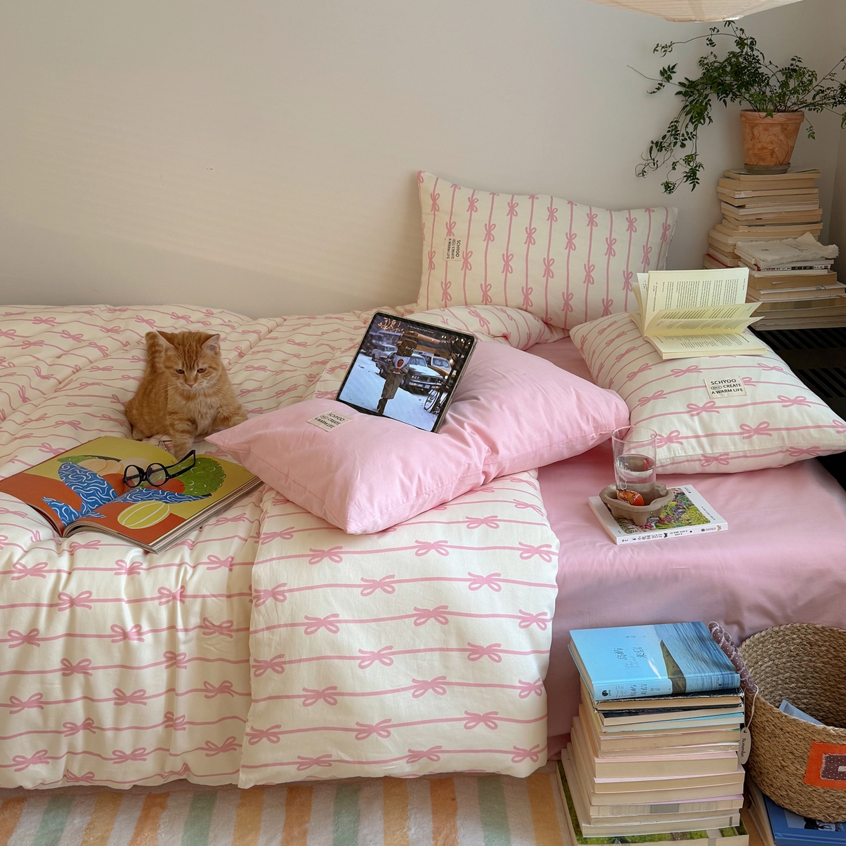 91家纺网 家纺一手货源 找家纺 六巷胡同 2026春夏新款INS博主风韩系蝴蝶结全棉四件套 丝带蝴蝶结-粉