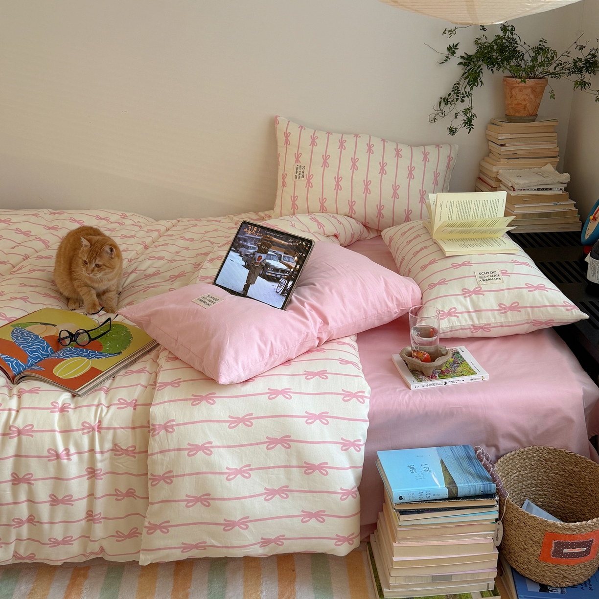 91家纺网 家纺一手货源 找家纺 六巷胡同 2026春夏新款INS博主风韩系蝴蝶结全棉四件套 丝带蝴蝶结-粉