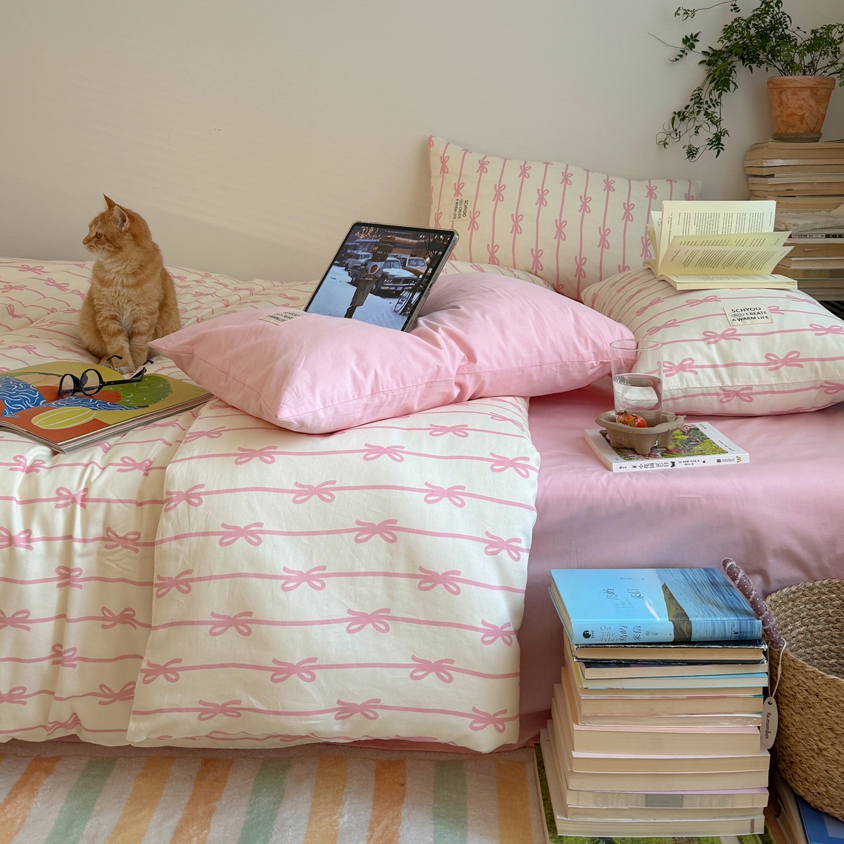 91家纺网 家纺一手货源 找家纺 六巷胡同 2026春夏新款INS博主风韩系蝴蝶结全棉四件套 丝带蝴蝶结-粉