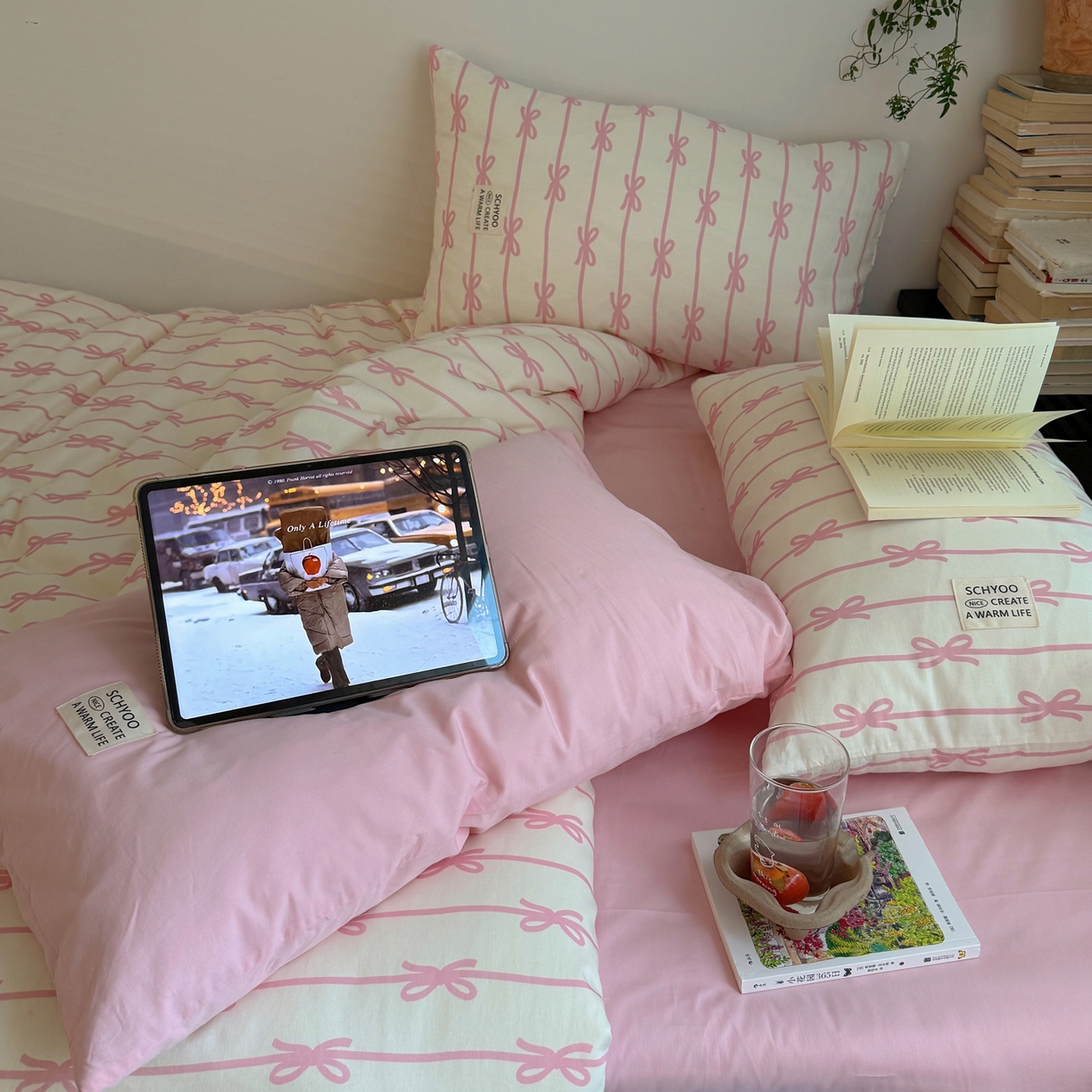 91家纺网 家纺一手货源 找家纺 六巷胡同 2026春夏新款INS博主风韩系蝴蝶结全棉四件套 丝带蝴蝶结-粉