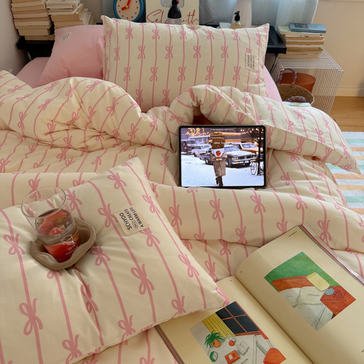 91家纺网 家纺一手货源 找家纺 六巷胡同 2026春夏新款INS博主风韩系蝴蝶结全棉四件套 丝带蝴蝶结-粉